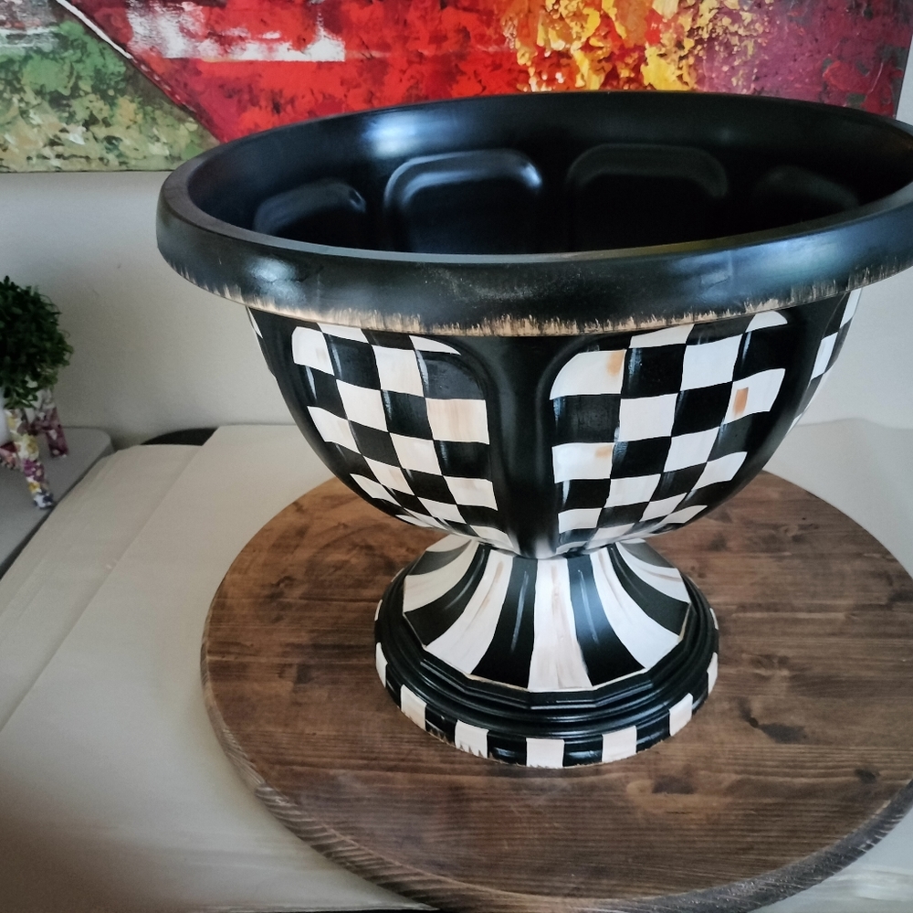 Pair of Whimsical plastic urn flower pot 18" wide 15" height black & white check